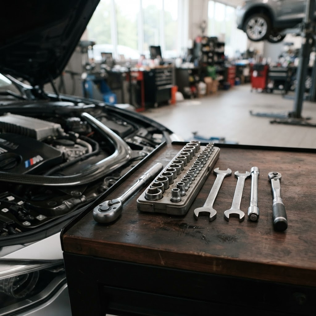 Mechanic's tools arranged neatly beside an open car engine bay